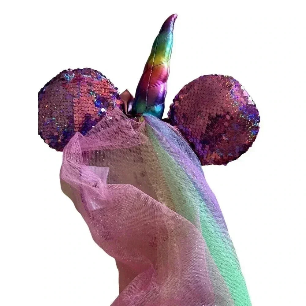 Disney Parks Minnie Mouse Ears Pink Purple Sequin Unicorn Rainbow Veil Headband - Picture 5 of 6
